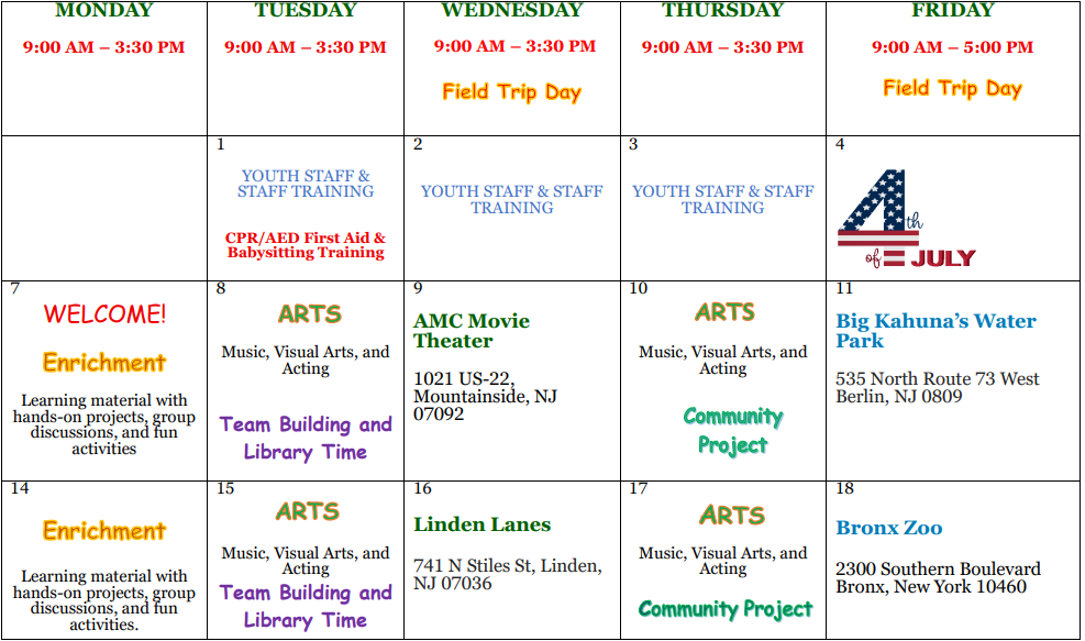 ACE Summer Program Calendar 2025