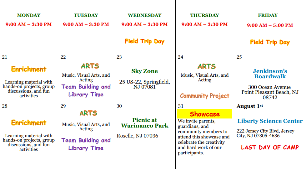 ACE Summer Program 2025 Calendar Page 2
